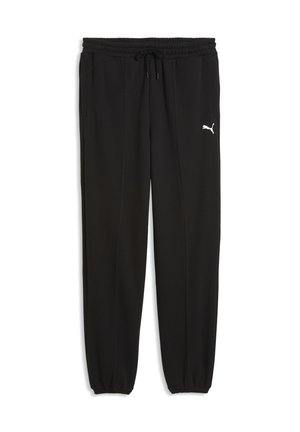 Pantalon de survêtement noir Puma avec taille élastique, cordon de serrage, poches latérales, poignets élastiques et logo Puma blanc sur la cuisse droite.