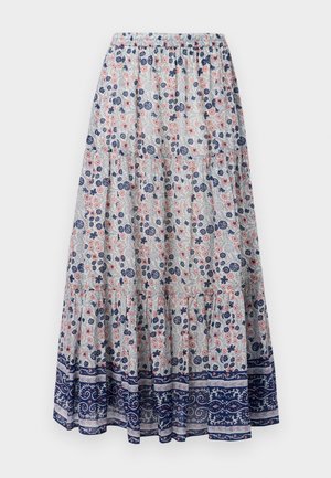 Kvetinová maxi sukňa s šedým pozadím, s ružovými a modrými kvetmi, v tierovom dizajne a námorníckym vzorovaným lemom. Elastický pás.