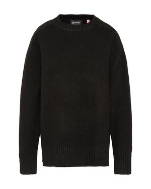 Jersey negro de manga larga tejido, con puños y dobladillo acanalados, con cuello redondo y etiqueta de la marca Schott en el interior del cuello.