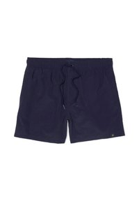 Pantaloni da bagno blu navy realizzati in tessuto leggero, dotati di una vita elasticizzata con cordoncino e un piccolo logo decorativo.