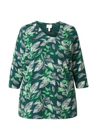 Grüne Bluse mit einem weißen und hellgrünen Blättermuster, Rundhalsausschnitt und drei Viertel-Ärmeln.