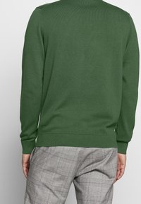 Maglione verde lavorato a maglia con maniche lunghe, polsini e orlo a coste. Abbinato a pantaloni grigi a quadri con un audace motivo tartan.