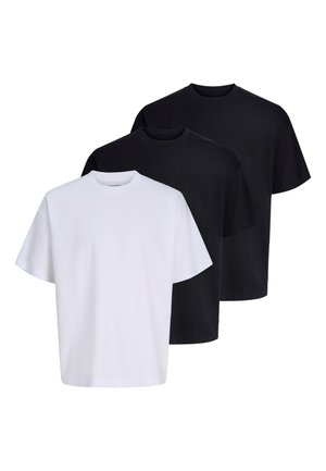 Tre ensfarvede crewneck T-shirts, to sorte og en hvid, vist overlapning på en hvid baggrund.