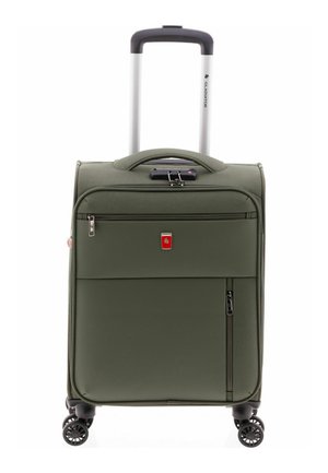 Groene rechtopstaande zachte koffer met vier draaibare wielen, uitschuifbare handgreep, voorvakken met rits en ingebouwde TSA-combinatieslot.