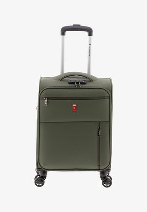 Valigia rigida verticale verde con quattro ruote rotanti, manico telescopico, tasche frontali con cerniera e serratura combinata TSA integrata.