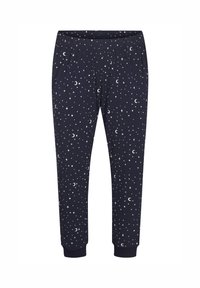 Navy pajama pants with an elastic waistband, featuring white star and crescent moon patterns. Cuffs at the ankles. Soft material.