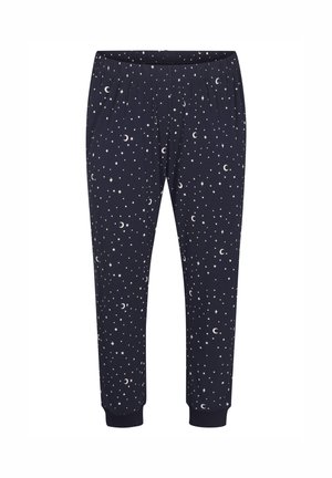 Pantalons de pyjama bleu marine avec une taille élastique, ornés de motifs d'étoiles blanches et de croissants de lune. Poignets aux chevilles. Matière douce.