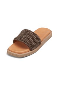 Brown woven slide sandal with a wide strap, tan footbed, and flat sole. Features a textured woven design and a smooth finish on the footbed.
