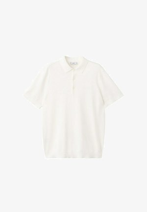 Polo bianca a maniche corte con colletto e tre bottoni sulla parte anteriore, mostrata su uno sfondo bianco semplice.