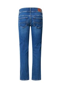 Jeans de mezclilla azul con un diseño de pierna recta, que cuentan con dos bolsillos traseros y una etiqueta de cuero marrón en la cinturilla.