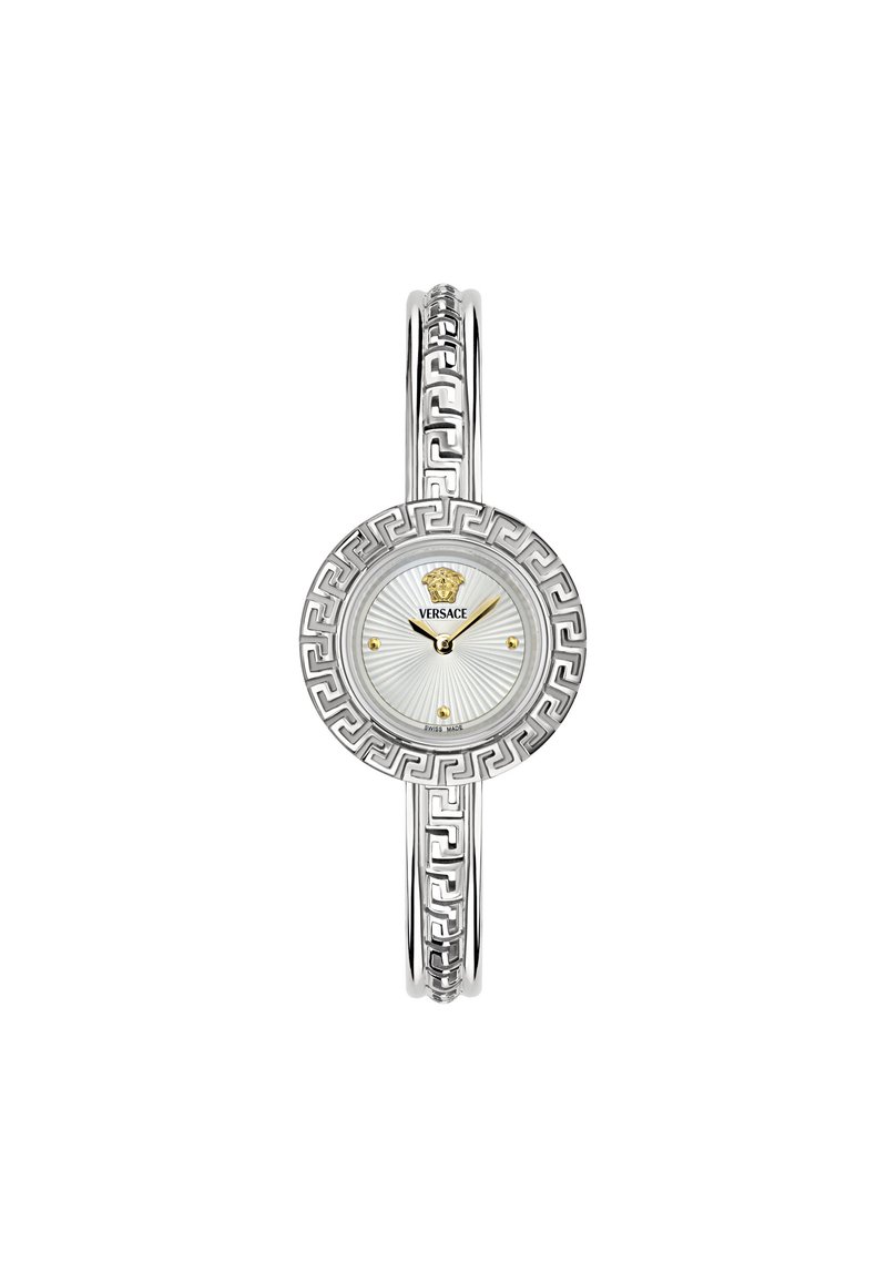 Sudraba Versace rokas pulkstenis ar grieķu atslēgas rakstu uz rāmja un aproces, baltu ciparnīcu, zelta Medūzas zīmogu un zelta stundu rādītājiem un rokām.