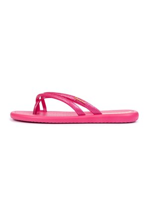 Rosa Flip-Flop mit strukturiertem Fußbett, dünnen Riemen und glänzendem Finish. Leichtes Design mit glatter Sohle für Komfort.