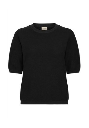 Schwarzer, kurzärmeliger Strickpullover mit Rundhalsausschnitt sowie gerippten Bündchen und Saum, auf einem weißen Hintergrund präsentiert.