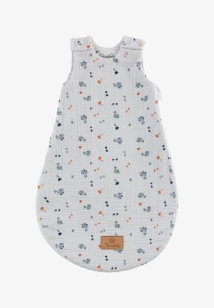 Baumwoll-Schlafsack für Babys in Hellgrau mit kleinen bunten Tier- und Formmustern. Gerundete Form mit Druckknöpfen an den Schultern.