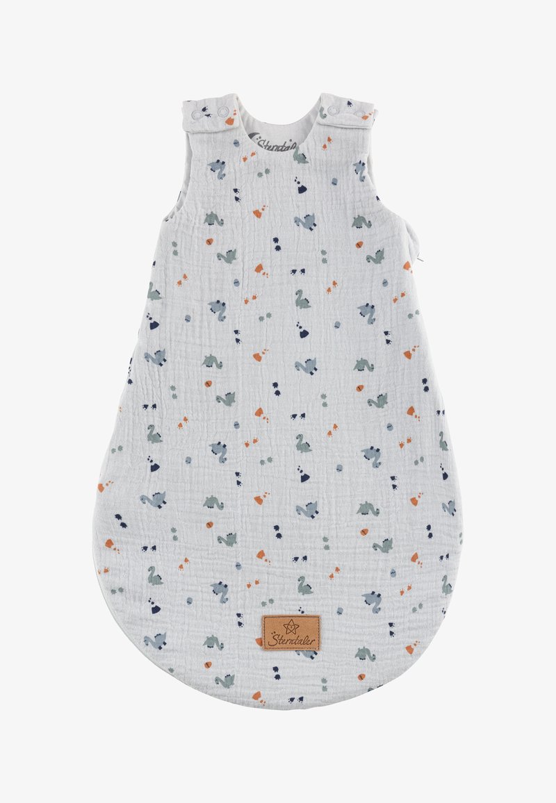 Baumwoll-Schlafsack für Babys in Hellgrau mit kleinen bunten Tier- und Formmustern. Gerundete Form mit Druckknöpfen an den Schultern.