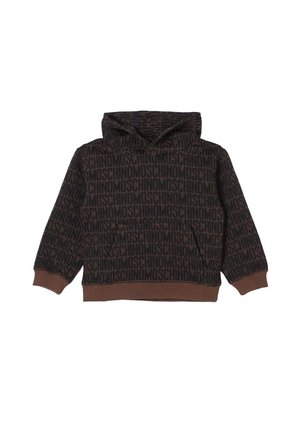 Felpa con cappuccio marrone e nera con motivo di testo ripetuto "MOSCHINO", tasca a marsupio frontale e polsini e orlo a costine.