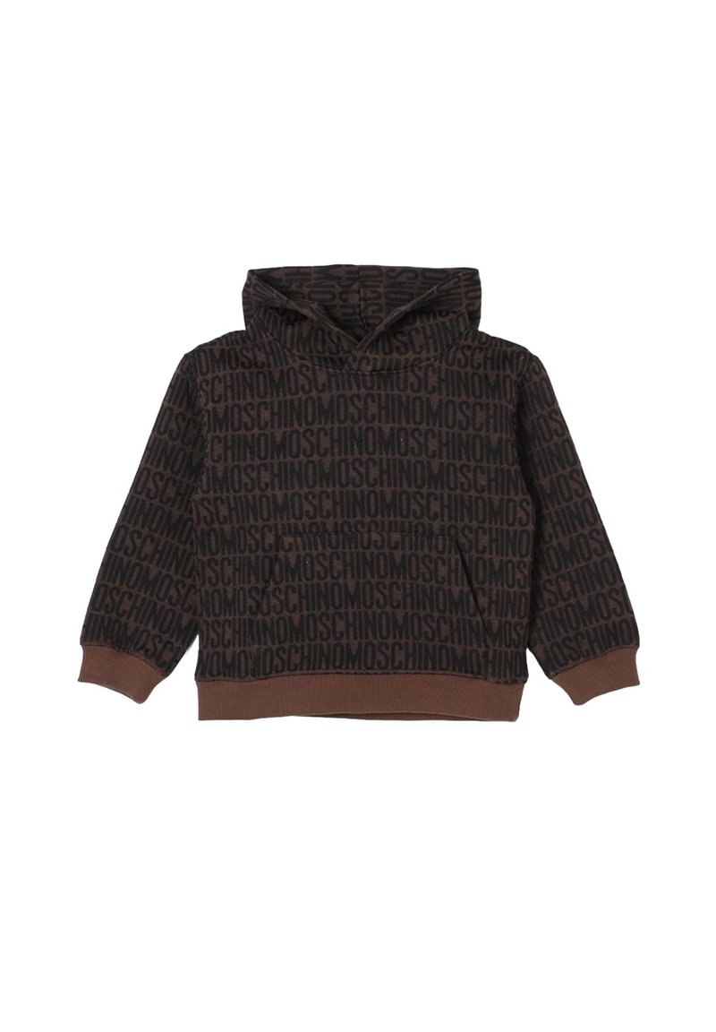 Felpa con cappuccio marrone e nera con motivo di testo ripetuto "MOSCHINO", tasca a marsupio frontale e polsini e orlo a costine.