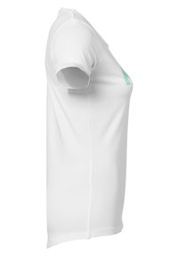 Weißes Baumwoll-T-Shirt mit kurzen Ärmeln, das ein türkisfarbenes grafisches Design auf der Vorderseite zeigt. Das Shirt hat eine normale Passform und einen Rundhalsausschnitt.