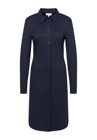 Marineblaues Hemdkleid aus glattem Stoff, mit langen Ärmeln, klassischem Kragen und gerader Silhouette mit seitlichen Schlitzen.