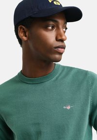 Grüner Pullover mit Rundhalsausschnitt und einem Logo auf der Brust. Dunkelblaue Mütze mit gelbem Text. Glatte Stoffoberfläche.