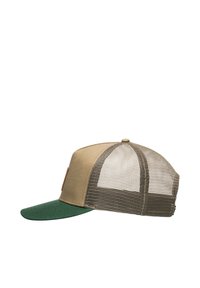 Gorra de béisbol color caqui con visera verde. Parte trasera de malla para ventilación. En la parte frontal tiene una pequeña etiqueta. Forma estructurada con visera curva.