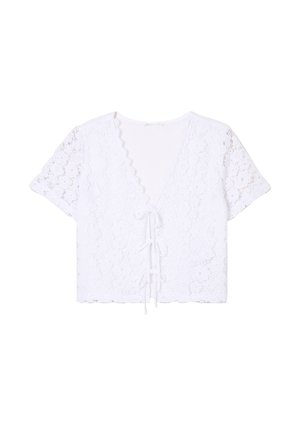 Witte cropped blouse met kantpatroon, korte mouwen, diepe V-hals en strikdetail aan de voorkant, met geschulpte randen.