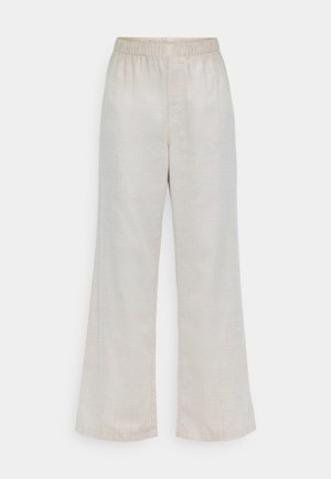 Lichtbeige wijde broek van textuurstof met een elastische tailleband en een soepele afwerking, ontworpen voor comfort en draaggemak.