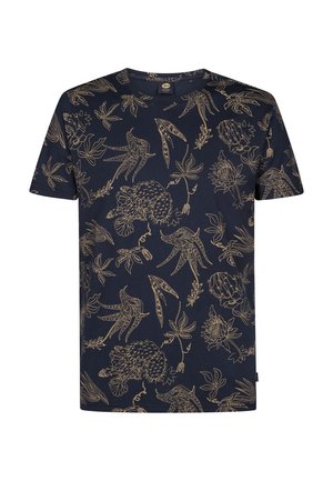 Granatowy t-shirt z krótkim rękawem ozdobiony złotym wzorem kwiatów i ptaków. Wykonany z miękkiego, lekkiego materiału, z okrągłym dekoltem i regularnym krojem.