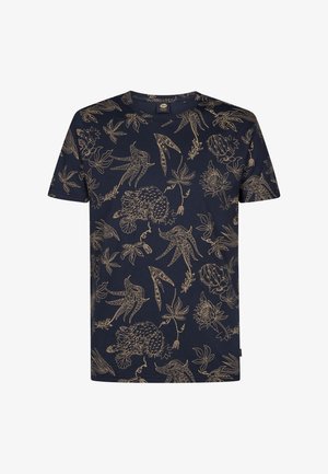 Marineblaues T-Shirt mit kurzen Ärmeln und einem goldenen Blumen- und Vogelmuster. Hergestellt aus weichem, leichtem Stoff, mit Rundhalsausschnitt und regulärer Passform.
