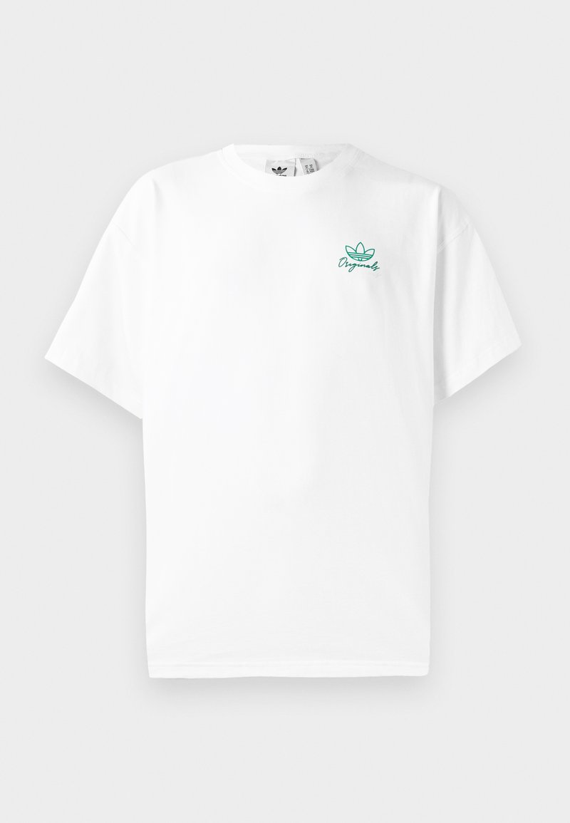 Weißes T-Shirt mit kurzen Ärmeln, das ein grünes gesticktes Logo trägt. Baumwollmaterial mit Rundhalsausschnitt und entspannter Passform.