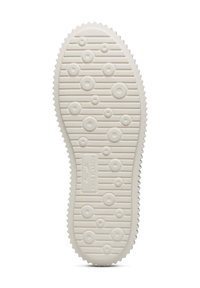 Suola delle scarpe in gomma bianca opaca con motivi di battistrada circolari e lineari, marchio ben visibile e bordo ondulato per una migliore aderenza.