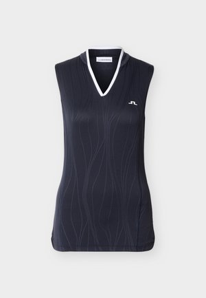 Brezzrokav golf majica temno modre barve z teksturiranim vzorcem valovitih linij. Ima obliko z V-izrezom in belim robom okoli ovratnika.