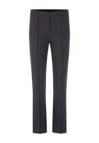 Schwarze, maßgeschneiderte Hose mit strukturiertem Muster, geraden Beinen und Reißverschluss. Verfügt über dezente Seitentaschen und ein Metalldetail.