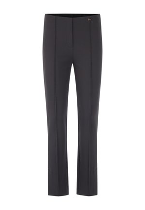 Black tailored trousers with a textured pattern, straight legs, and a zip fly. Features subtle side pockets and a metal accent.