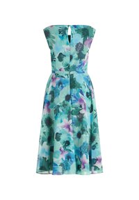 Blumenkleid mit tailliertem Oberteil und ausgestelltem Rock, in den Farben von grünen, blauen und lila Blumen. Rückwärtige Schlüsselöffnung und glattes Material.