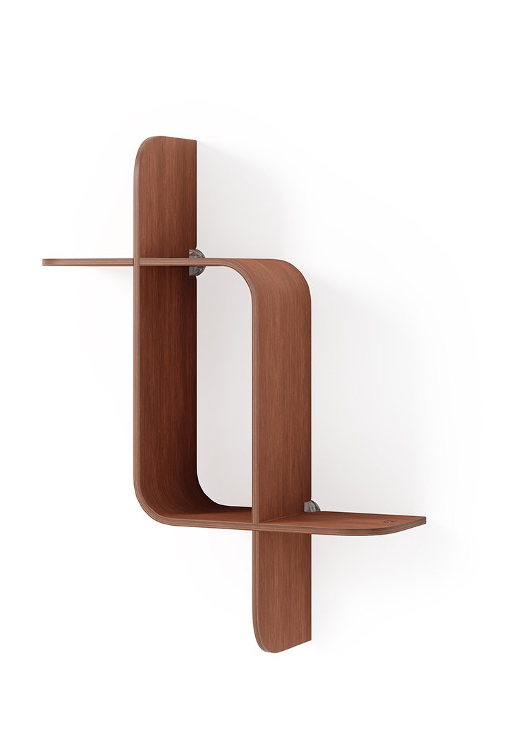 Wandregal aus reichhaltigem braunem Holz, mit abgerundeten Kanten, zwei horizontalen Regalen und Metallwinkeln für eine sichere Montage.