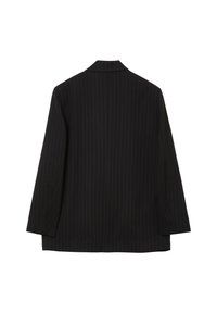 Blazer nero a righe sottili, design strutturato, monobottonatura, con colletto a punta, maniche lunghe e orlo dritto sul retro.