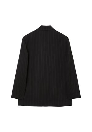 Blazer nero a righe sottili, design strutturato, monobottonatura, con colletto a punta, maniche lunghe e orlo dritto sul retro.