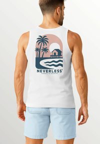 White tank top featuring a graphic design with palm trees, a house, and sun against a pastel background; "NEVERLESS" logo included.
