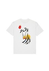Witte t-shirt met korte mouwen, voorzien van een kleurrijke grafische print met palmbomen, een zon en een fles. Gemaakt van zacht katoen.