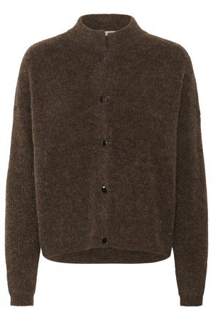 Bruine fuzzy knoop-up cardigan met lange mouwen en een hoge ronde halslijn, met vijf zwarte knopen aan de voorkant.