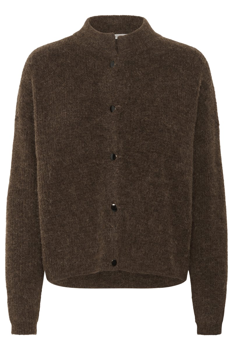 Brun ullen knapp cardigan med lange ermer og høy rund hals, med fem svarte knapper nedover fronten.