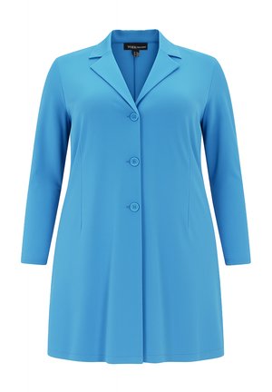 Langærmet, lyseblå knap-op blazer med krave, tre knapper foran og en let udvidet kant.