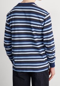 Pitkähihaisen paidan, jossa on vaakasuoria raitoja vaihtelevissa sinisen, mustan ja valkoisen sävyissä. Puuvillamateriaali, jossa on sininen ribbineck.