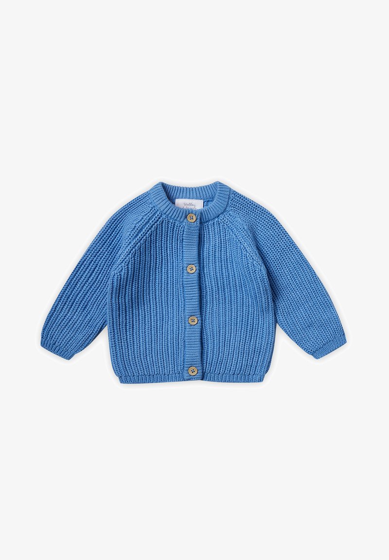 Helles blaues Strickjacke mit langen Ärmeln, rundem Halsausschnitt und vier Holzknöpfen an der Vorderseite. Verfügt über ein strukturiertes Strickmuster.