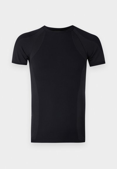 Black athletic t-shirt with short sleeves, made from smooth, stretch fabric. Features raglan sleeves and subtle panel accents along sides.