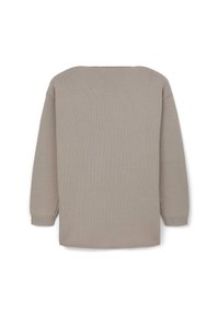 Helles Beige, langärmliger Strickpullover mit lockerer Passform und gerippten Bündchen. Die Rückseite zeigt ein einfaches, strukturiertes Muster und einen weiten Ausschnitt.