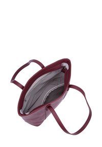 Sac fourre-tout en cuir bordeaux avec deux poignées, intérieur en tissu gris, poche zippée et design minimaliste. Ouvert sur le dessus avec un espace suffisant.