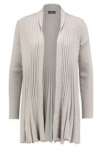 Cardigan grigio chiaro con texture a costine, design aperto sul davanti, maniche lunghe e orlo sfilacciato. Realizzato in morbido materiale a maglia.