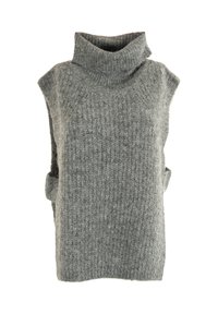 Gilet senza maniche grigio a collo alto in maglia con texture a costine e giromanica leggermente scesi.